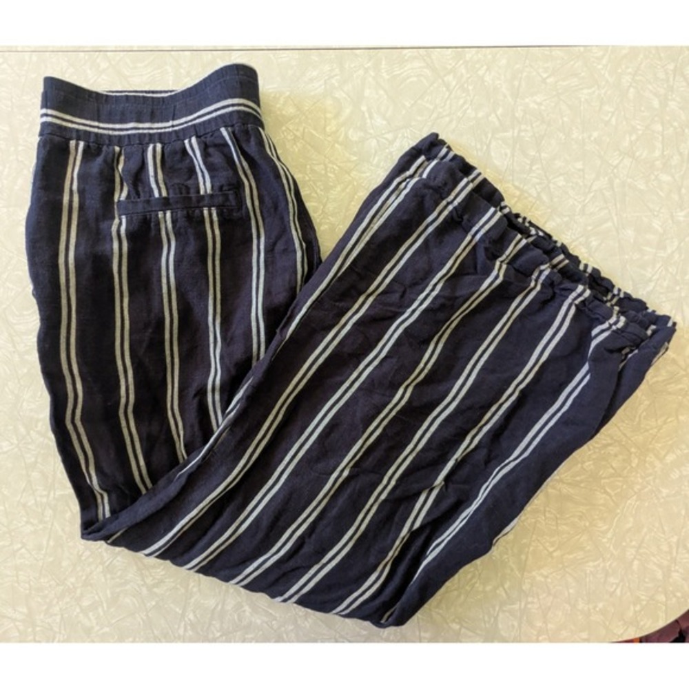 L Coastal Linen Blend‎ Wide Leg Pants Navy Stripe High Rise Euro Summer Beach